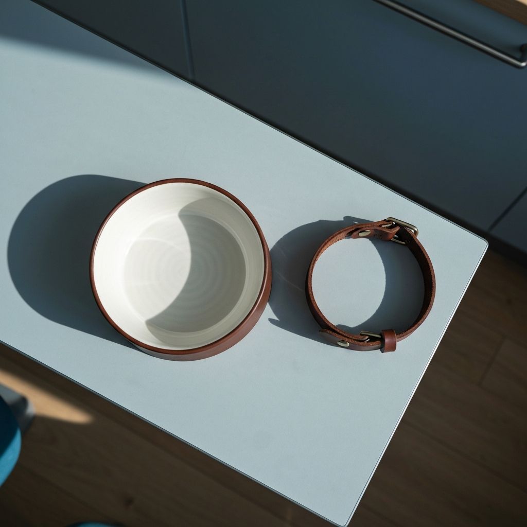 Keramikschale und Lederhalsband auf Küchentisch